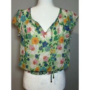 Rose and Olive Floral Smocked Waist Flutter Sleeve Top Medium